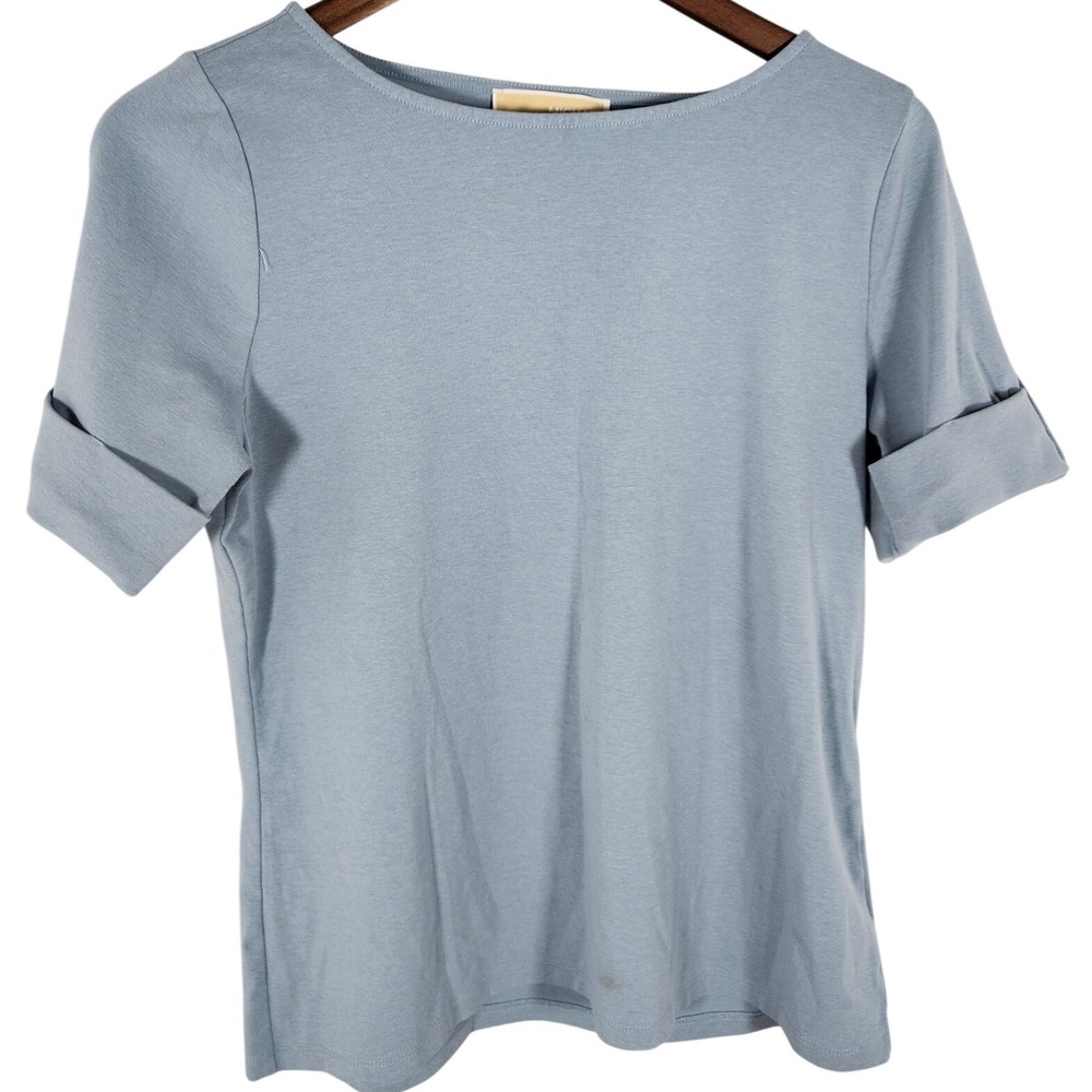 Michael Kors Blue Boat Neck T-Shirt with Button Cuffed Short Sleeves Size Medium